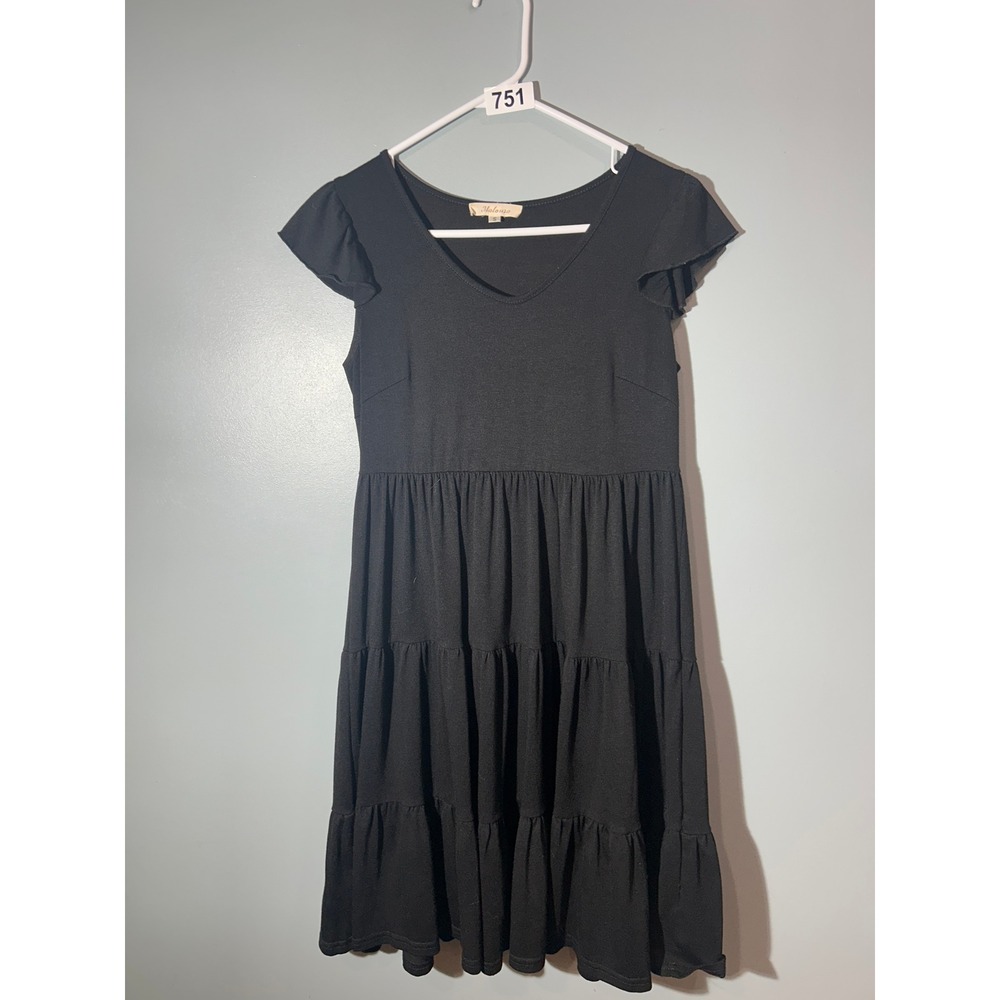 Maloura Black Tiered Babydoll Dress V-Neck Flutter Sleeve Mini Small